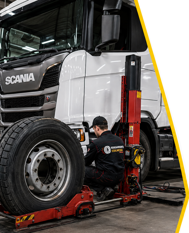 Huoltotilassa mies käyttää nostolaitetta valkoisen Scania-kuorma-auton pyörän ja jarrujen parissa.