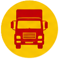 Keltainen taustakuva, jossa punainen kuorma-auto ja kaksi keltaista pyörää, tyylitelty ikoni.