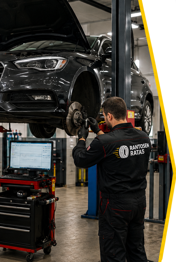 Automekaanikko nosturilla vaihtaa auton jarrulevyä, musta auto nostettuna hallissa, työkalut ja näyttö vieressä.