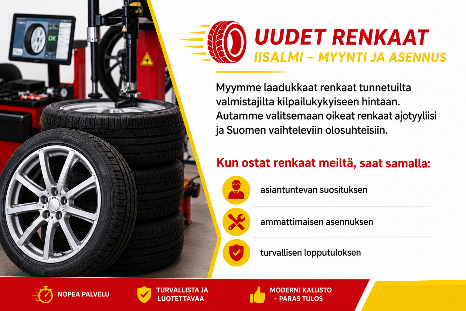 Rengasliike, jossa rengas ja asennuskone, sekä teksti Uudet renkaat ja palveluedut.