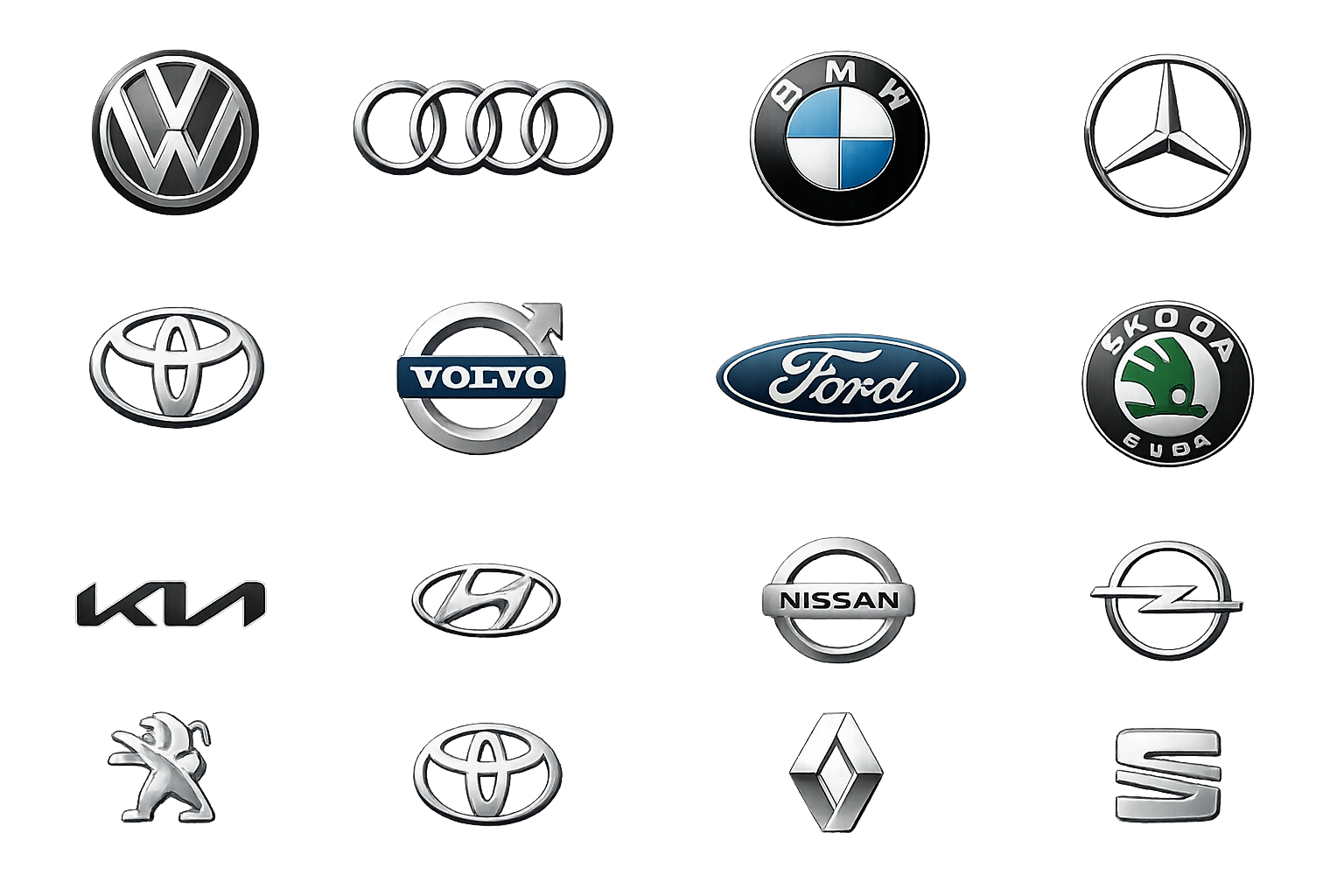 Useiden automerkkien logot, kuten Volkswagen, Audi, BMW, Mercedes, Ford, Volvo, Toyota, Renault ja Nissan, harmaalla taustalla.
