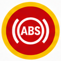 Punainen keltareunainen ABS-varoitusvalo, jossa valkoinen ABS-kirjainlogo ja aaltoileva kuvake.